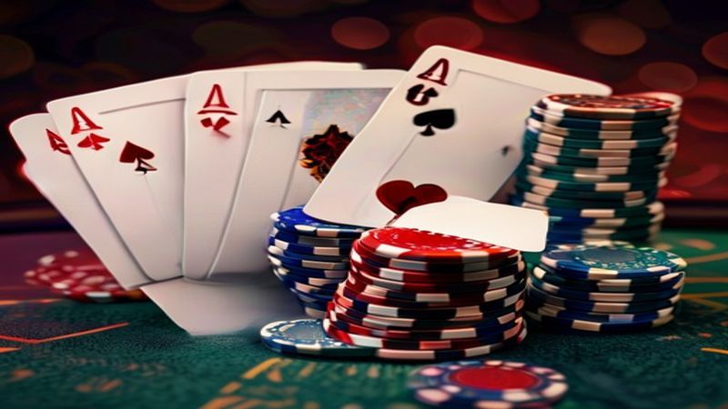 Bàn poker với năm lá bài chung và các lá bài riêng của người chơi